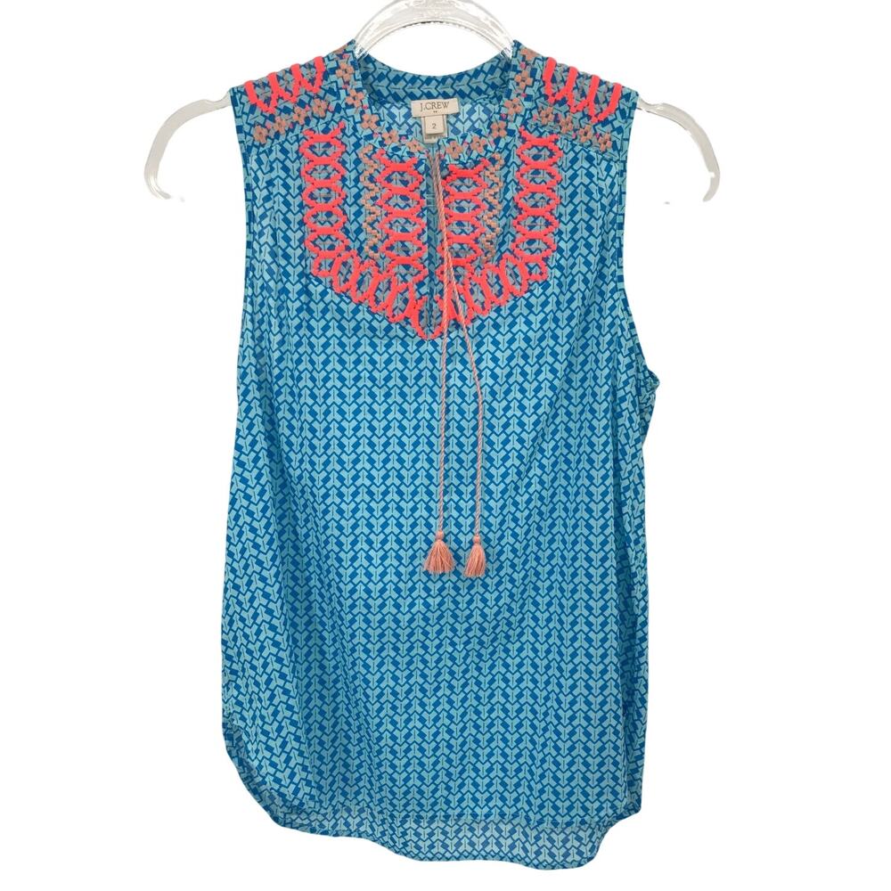 J. Crew Factory Print Embroidered Tassel Blouse Womens 2 Teal